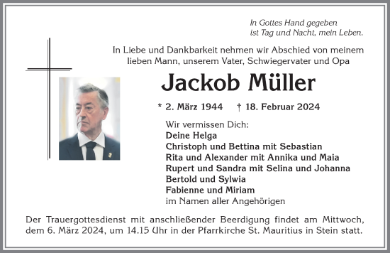 Traueranzeige von Jackob Müller von Allgäuer Anzeigeblatt