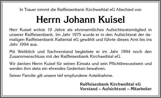 Traueranzeige von Johann Kuisel von Allgäuer Zeitung, Kaufbeuren/Buchloe