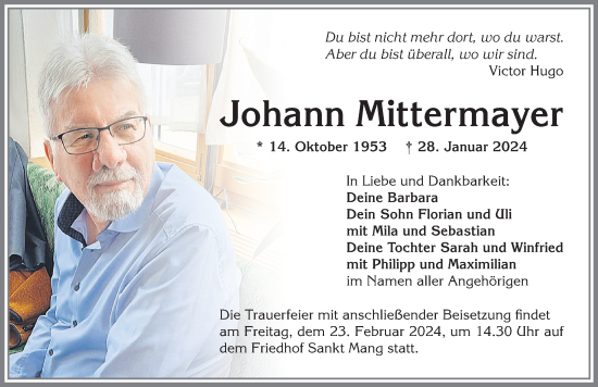 Traueranzeige von Johann Mittermayer von Allgäuer Zeitung,Kempten