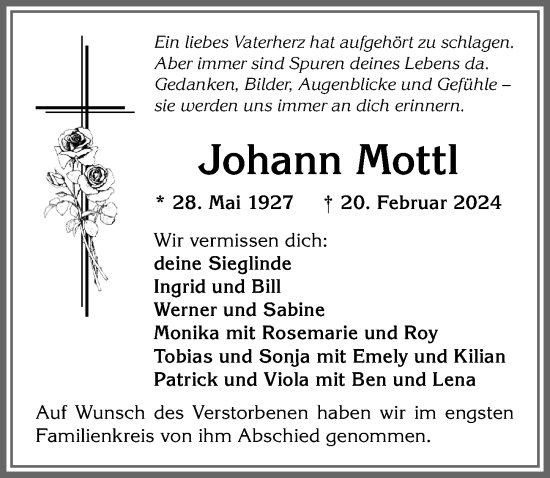 Traueranzeige von Johann Mottl von Allgäuer Anzeigeblatt
