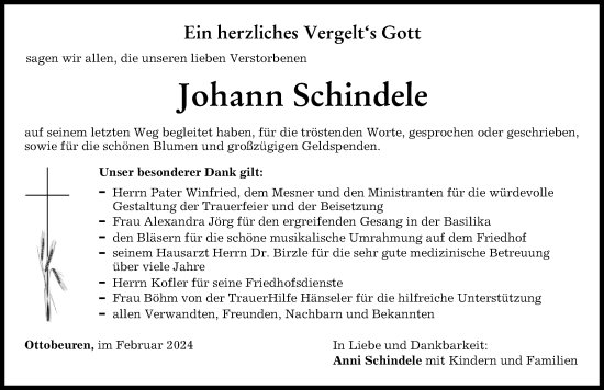 Traueranzeige von Johann Schindele von Memminger Zeitung