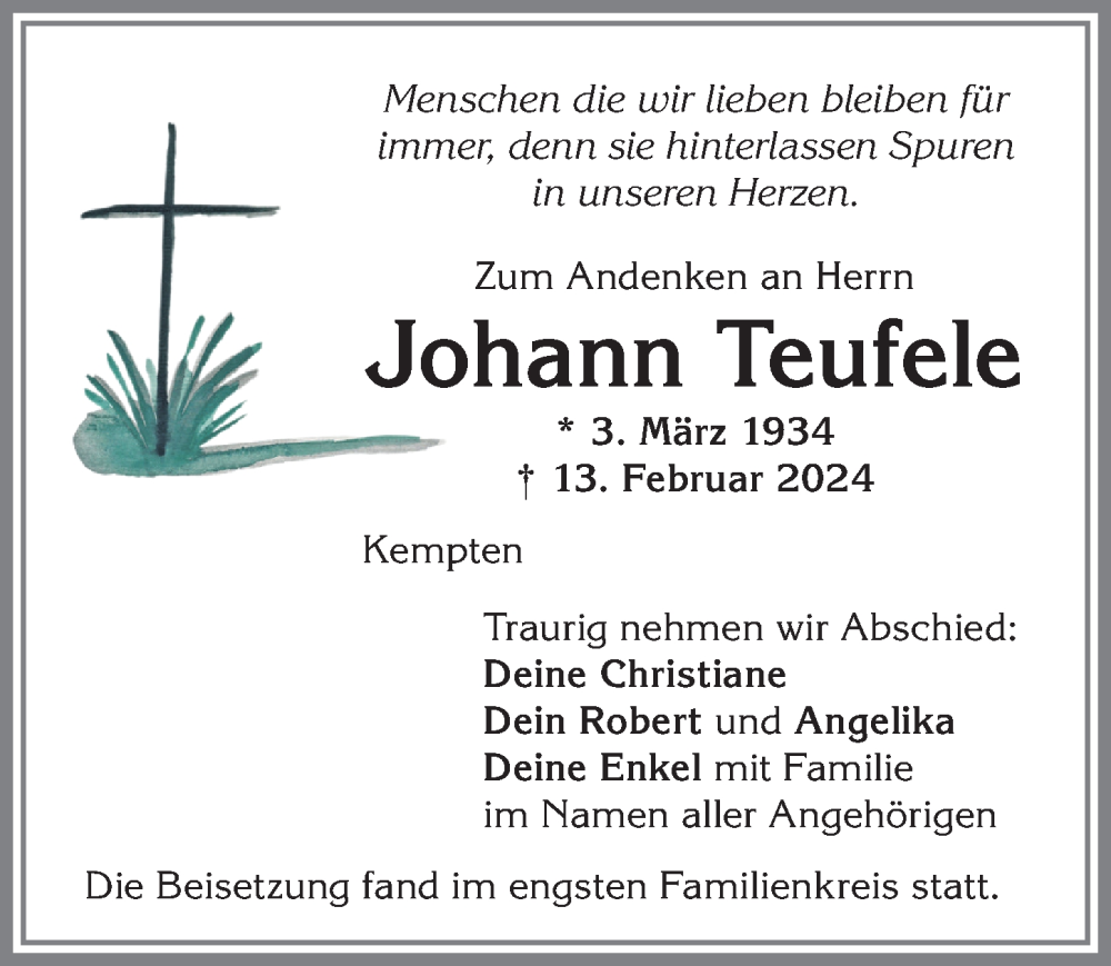  Traueranzeige für Johann Teufele vom 24.02.2024 aus Allgäuer Zeitung,Kempten