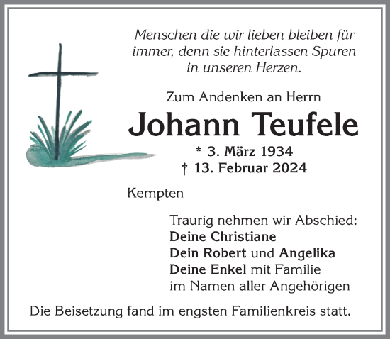 Traueranzeige von Johann Teufele von Allgäuer Zeitung,Kempten