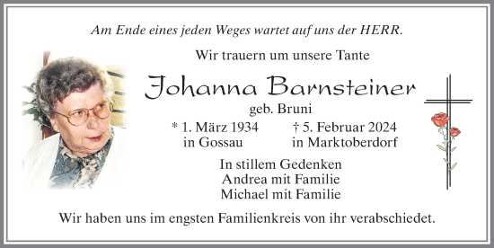 Traueranzeige von Johanna Barnsteiner von Allgäuer Zeitung, Marktoberdorf