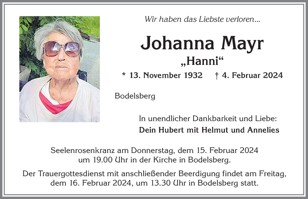 Traueranzeige für Johanna Mayr vom 13.02.2024 aus Allgäuer Zeitung,Kempten