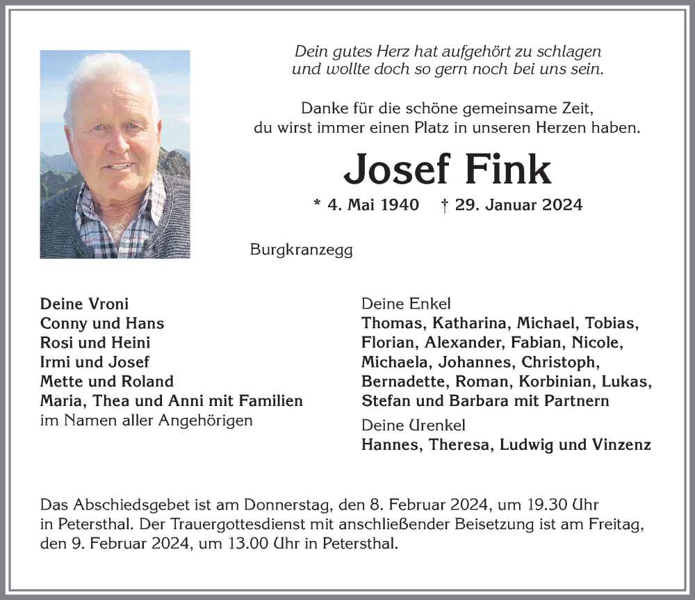  Traueranzeige für Josef Fink vom 03.02.2024 aus Allgäuer Anzeigeblatt