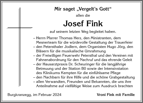 Traueranzeige von Josef Fink von Allgäuer Anzeigeblatt