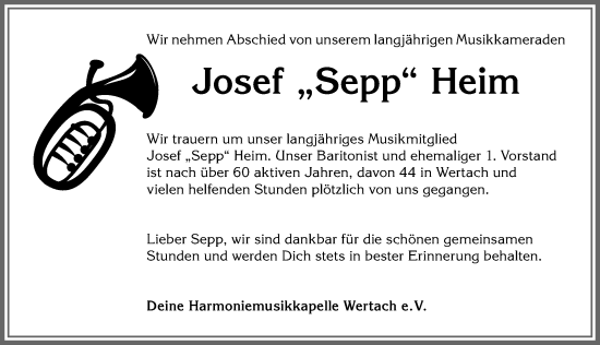 Traueranzeige von Josef Heim von Allgäuer Anzeigeblatt