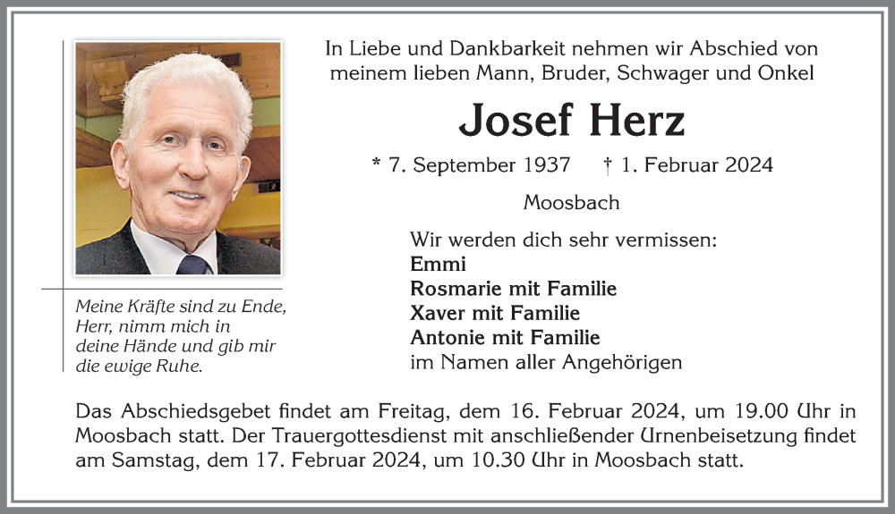  Traueranzeige für Josef Herz vom 10.02.2024 aus Allgäuer Zeitung,Kempten