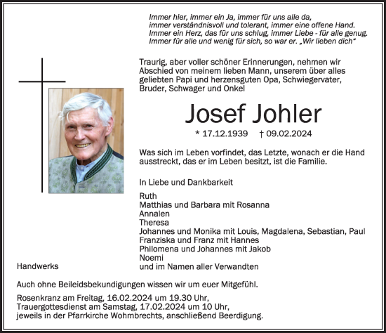 Traueranzeige von Josef Johler von Der Westallgäuer