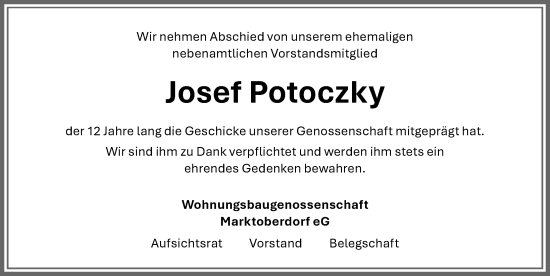 Traueranzeige von Josef Potoczky von Allgäuer Zeitung, Marktoberdorf