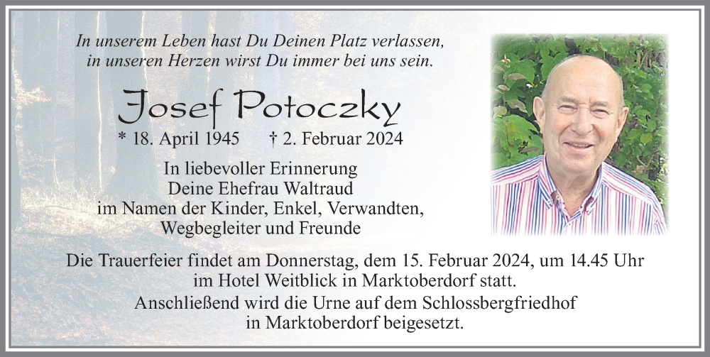  Traueranzeige für Josef Potoczky vom 10.02.2024 aus Allgäuer Zeitung, Marktoberdorf