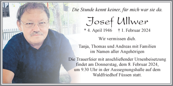 Traueranzeige von Josef Ullwer von Allgäuer Zeitung, Füssen