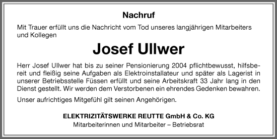 Traueranzeige von Josef Ullwer von Allgäuer Zeitung, Füssen