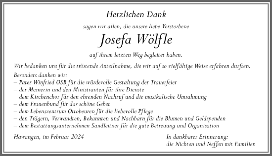 Traueranzeige von Josefa Wölfle von Memminger Zeitung