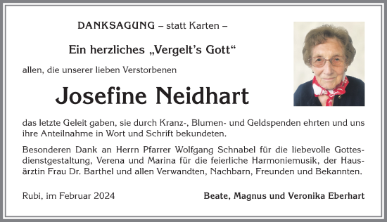 Traueranzeige von Josefine Neidhart von Allgäuer Anzeigeblatt