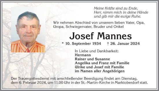 Traueranzeige von Josef Mannes von Allgäuer Zeitung, Marktoberdorf