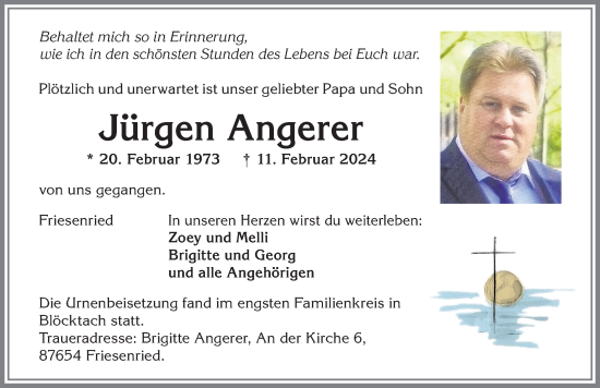 Traueranzeige von Jürgen Angerer von Allgäuer Zeitung, Kaufbeuren/Buchloe