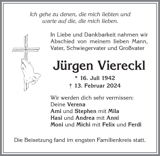Traueranzeige von Jürgen Viereckl von Allgäuer Zeitung,Kempten