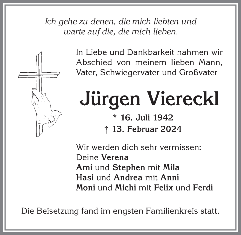  Traueranzeige für Jürgen Viereckl vom 29.02.2024 aus Allgäuer Zeitung,Kempten