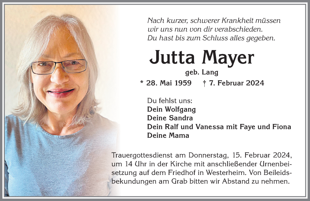  Traueranzeige für Jutta Mayer vom 12.02.2024 aus Memminger Zeitung