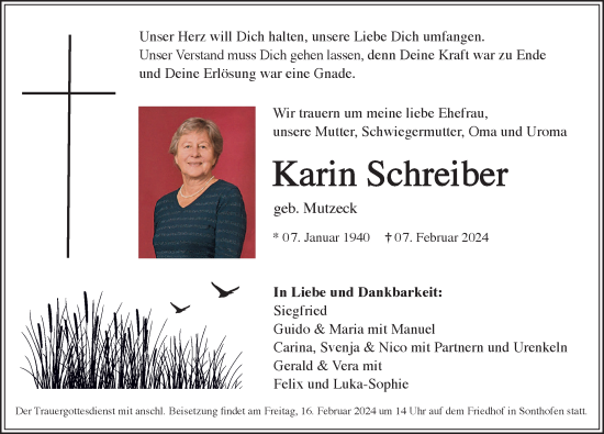 Traueranzeige von Karin Schreiber von Allgäuer Anzeigeblatt