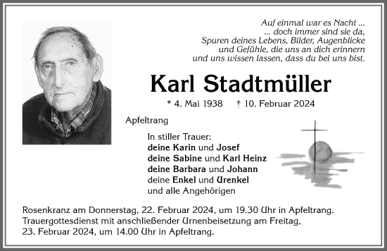 Traueranzeige von Karl Stadtmüller von Allgäuer Zeitung, Kaufbeuren/Buchloe