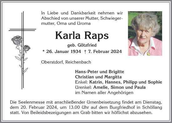 Traueranzeige von Karla Raps von Allgäuer Anzeigeblatt