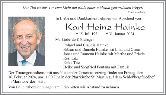 Traueranzeige von Karl Heinz Hainke von Allgäuer Zeitung, Marktoberdorf