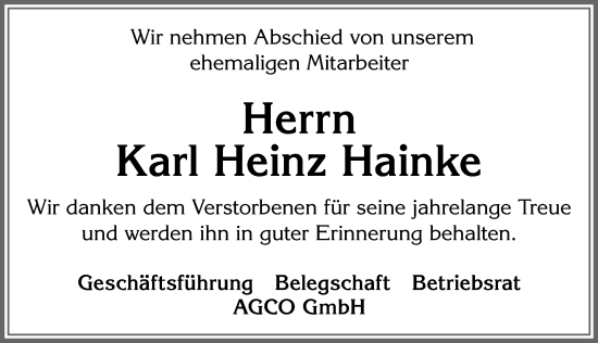 Traueranzeige von Karl Heinz Hainke von Allgäuer Zeitung, Marktoberdorf