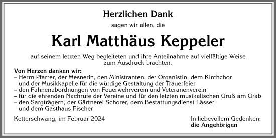 Traueranzeige von Karl Matthäus Keppeler von Allgäuer Zeitung, Kaufbeuren/Buchloe
