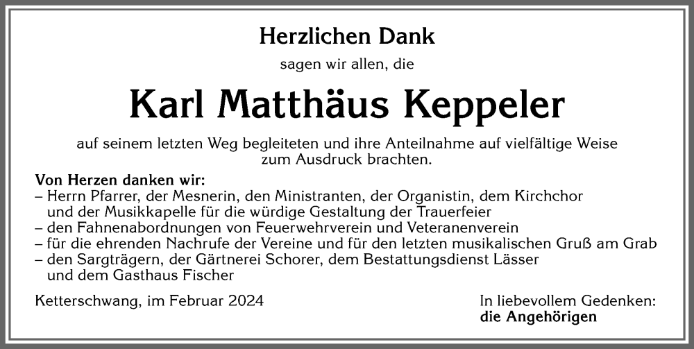  Traueranzeige für Karl Matthäus Keppeler vom 24.02.2024 aus Allgäuer Zeitung, Kaufbeuren/Buchloe