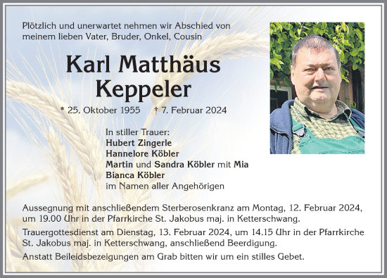 Traueranzeige von Karl Matthäus Keppeler von Allgäuer Zeitung, Kaufbeuren/Buchloe