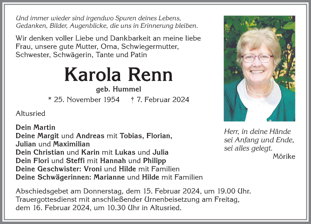  Traueranzeige für Karola Renn vom 10.02.2024 aus Allgäuer Zeitung,Kempten