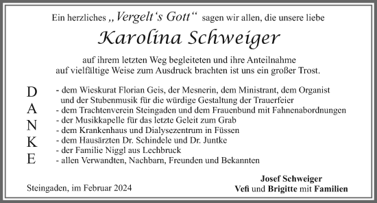 Traueranzeige von Karolina Schweiger von Allgäuer Zeitung, Füssen