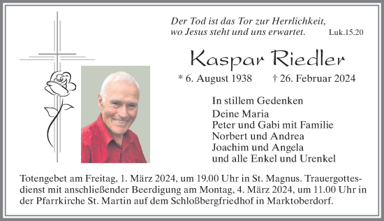 Traueranzeige von Kaspar Riedler von Allgäuer Zeitung, Marktoberdorf