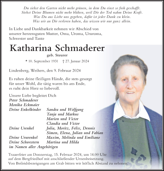 Traueranzeige von Katharina Schmaderer von Der Westallgäuer