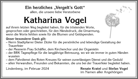 Traueranzeige von Katharina Vogel von Allgäuer Zeitung, Kaufbeuren/Buchloe
