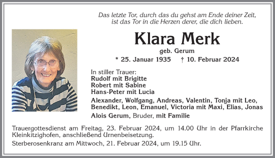 Traueranzeige von Klara Merk von Allgäuer Zeitung, Kaufbeuren/Buchloe