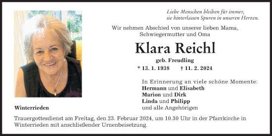 Traueranzeige von Klara Reichl von Memminger Zeitung