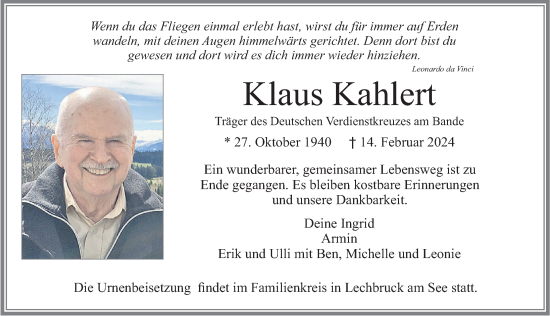 Traueranzeige von Klaus Kahlert von Allgäuer Zeitung, Füssen