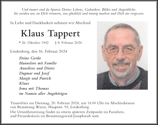 Traueranzeige von Klaus Tappert von Der Westallgäuer