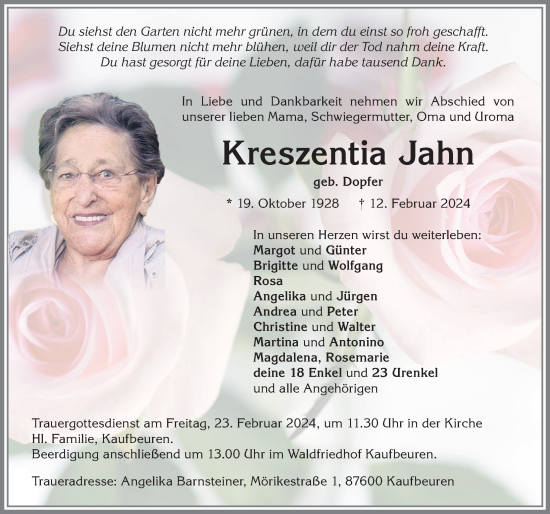 Traueranzeige von Kreszentia Jahn von Allgäuer Zeitung, Kaufbeuren/Buchloe