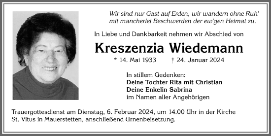 Traueranzeige von Kreszenzia Wiedemann von Allgäuer Zeitung, Kaufbeuren/Buchloe
