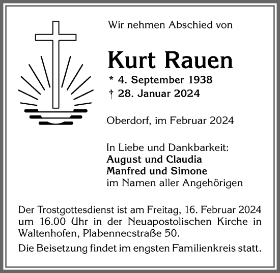 Traueranzeige von Kurt Rauen von Allgäuer Anzeigeblatt