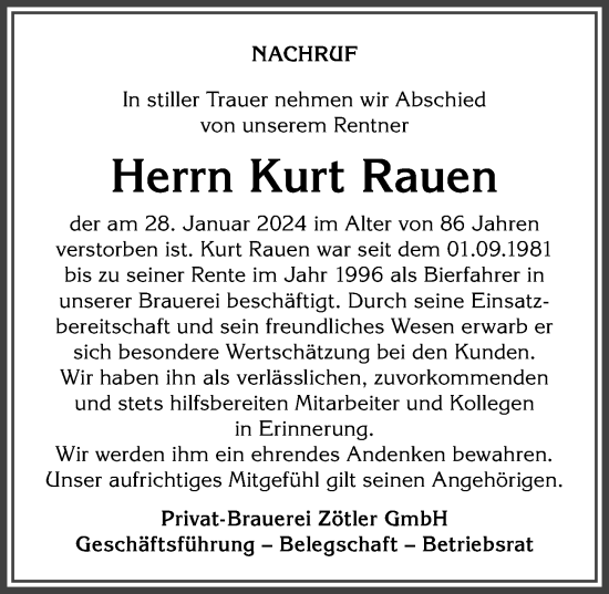Traueranzeige von Kurt Rauen von Allgäuer Zeitung,Kempten