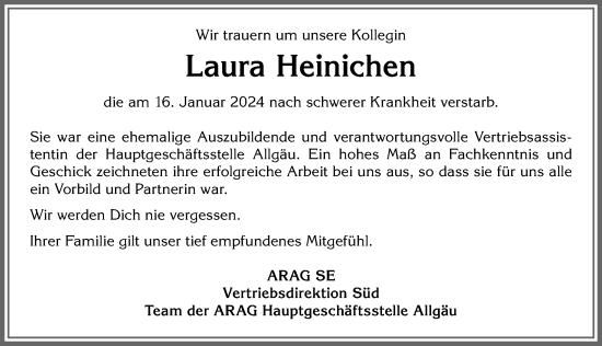 Traueranzeige von Laura Heinichen von Allgäuer Anzeigeblatt
