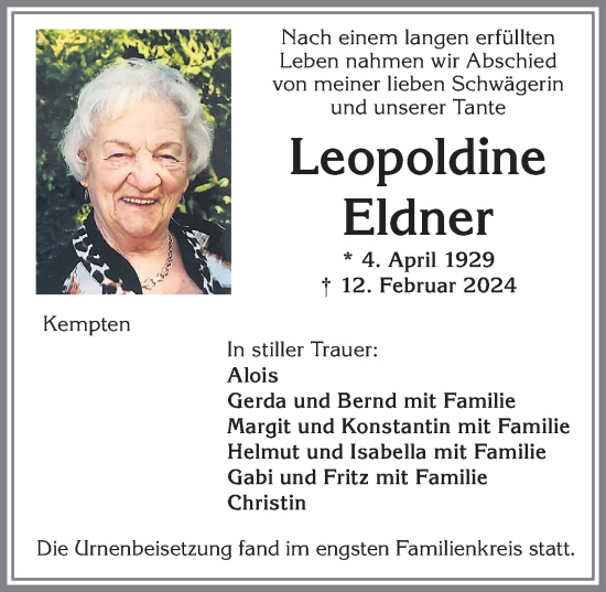 Traueranzeige von Leopoldine Eldner von Allgäuer Zeitung,Kempten