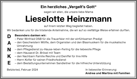 Traueranzeige von Lieselotte Heinzmann von Memminger Zeitung