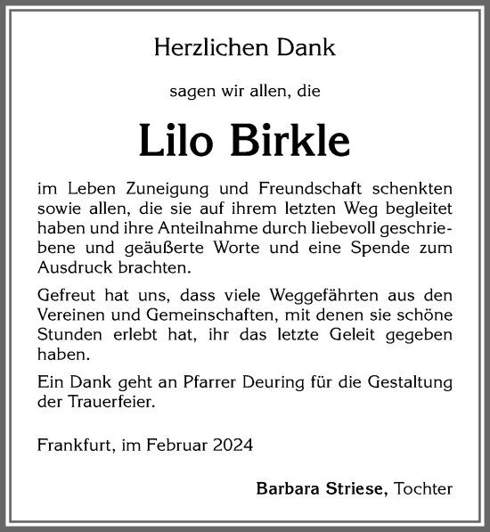 Traueranzeige von Lilo Birkle von Allgäuer Zeitung, Füssen